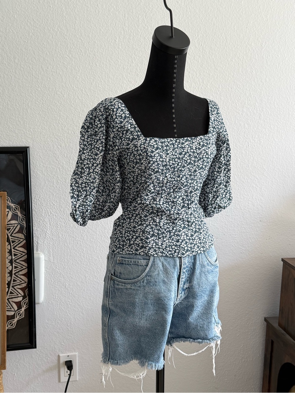 Abercrombie & Fitch Floral Square-Neck Puff Sleeve Top - Black/White